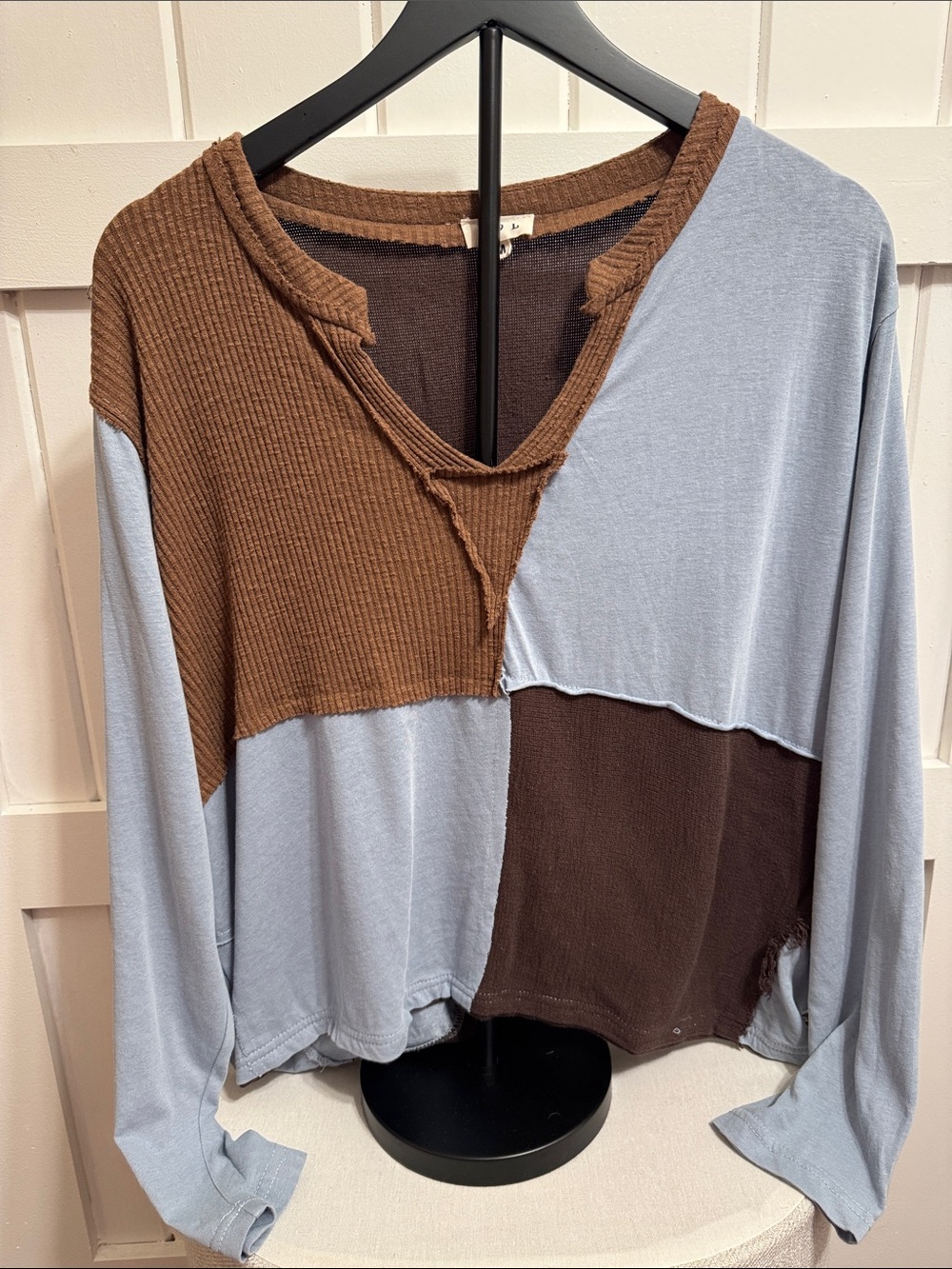 POL Colorblock Brown and Light Blue Patchwork Top